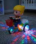 360 Degree Electric Stunt Tricycle Toy With LED Lights And Music, Omnidirectional Wheels For Kids, Push Pull Ride On Trike, Random Color, Battery Not Included, Perfect For Boys And Girls Classroom Playtime, side view on carpet
