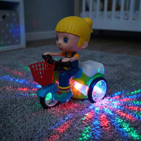 360 Degree Electric Stunt Tricycle Toy With LED Lights And Music, Omnidirectional Wheels For Kids, Push Pull Ride On Trike, Random Color, Battery Not Included, Perfect For Boys And Girls Classroom Playtime, side view on carpet