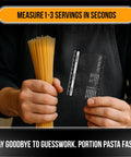 Portion Control Pasta Measurer Tool Stainless Steel Kitchen Gadget For Dope Spaghetti Portions With Built In Ruler In Inches And Centimeters Calorie Guide And Kitchen Conversion Chart Pocket Cooking On Point hand holds spaghetti and measurer