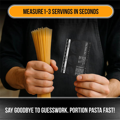 Portion Control Pasta Measurer Tool Stainless Steel Kitchen Gadget For Dope Spaghetti Portions With Built In Ruler In Inches And Centimeters Calorie Guide And Kitchen Conversion Chart Pocket Cooking On Point hand holds spaghetti and measurer