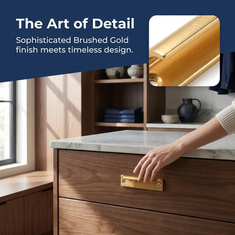Two Piece Aluminum Alloy Drawer Pull Handles 3.5 Inch Low Profile Sash Lift Finger Pulls For Kitchen Cabinets And Dressers, Rust Proof Gold Finish With Screws Included, Durable Hardware in a modern kitchen setting.
