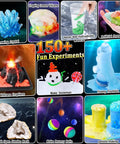 Collage of 150 Experiments Science Kit For Kids Hands On Chemistry And Physics Lab Set With Volcano Eruptions, Geodes images