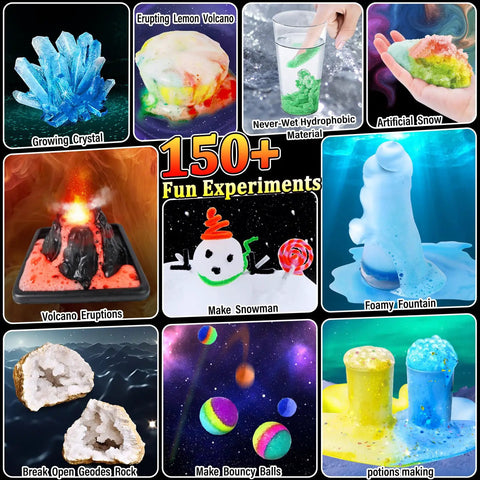 Collage of 150 Experiments Science Kit For Kids Hands On Chemistry And Physics Lab Set With Volcano Eruptions, Geodes images