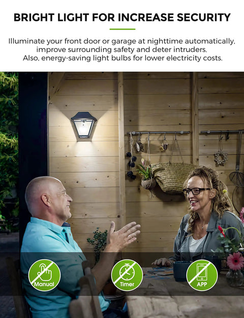 Outdoor A19 LED Dusk Till Dawn Light Bulbs With Photocell Sensor illuminating a patio with two people seated at night.