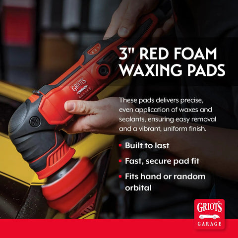 Person using a polisher with a 3-inch red foam waxing pad for car detailing, highlighting even streak-free coverage and shine.