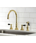 Duchess Widespread Kitchen Faucet Sprayer In Polished Brass, Solid Brass Build, Deck Mount, 1.8 GPM Flow, ADA Lever Handles, Side Sprayer