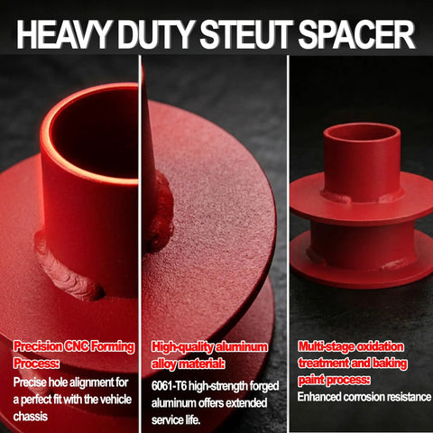 Close-up of 2.5 Inch Front Leveling Lift Kit for Ford F250 F350 Super Duty 4WD showing red aluminum strut spacers