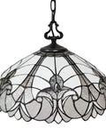 Retro Style Stained Glass Pendant Light With 18 Inch White Shade Two Light Fixture For Living Room Dining Room Kitchen Game Room Or Restaurant Decor LED Compatible 50 Inch Max Height
