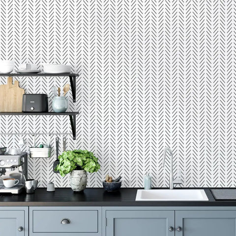 Black And White Peel And Stick Wallpaper With Herringbone Geometric Pattern for Bathrooms and Backsplashes Removable Self Adhesive Contact Paper