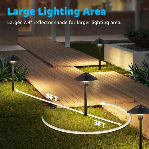 Low Voltage Landscape Lighting Kit 12V With 8 Path Lights And 4 Spotlights illuminating wooden pathway in garden