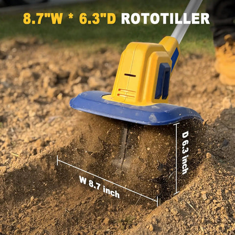 Cordless Garden Tiller Cultivator With 20V Battery, 270 RPM Rototiller in action, showing digging depth of 6.3 inches and width of 8.7 inches.