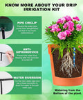 Infographic showing features of Solar Drip Irrigation System With Timer For Garden, Patio And Raised Beds, Auto Watering Kit.