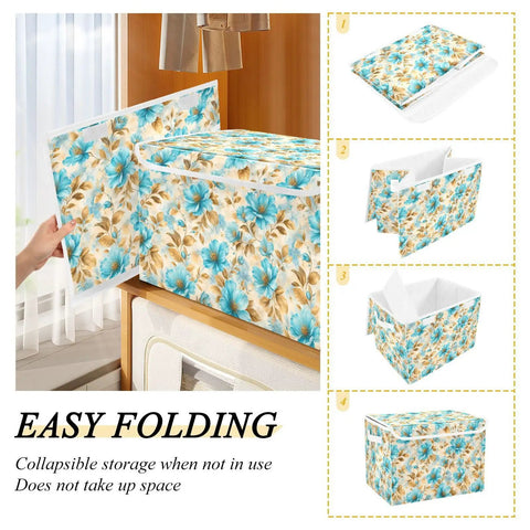 Hella Durable Foldable Storage Bin With Lid And Handles, Collapsible Cloth Storage Cube Organizer For Closet Bedroom showcased folding steps.