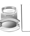 Heavy Duty Stainless Steel Pot Lid Holder And Integrated Spoon Rest Multipurpose Kitchen Utensil Caddy showing a shiny stainless steel lid holder and spoon rest.