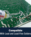 No Clean Flux Paste 8341 10ml with pneumatic dispenser applying on circuit board, compatible with lead and lead-free solder.