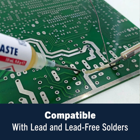 No Clean Flux Paste 8341 10ml with pneumatic dispenser applying on circuit board, compatible with lead and lead-free solder.
