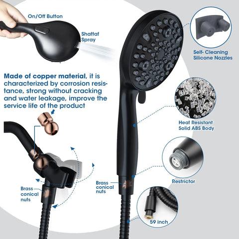 High Pressure Handheld Shower Head With Ten Spray Settings And Detachable Five Foot Hose Adjustable Bracket Built In Power Wash For Cleaning Tub Tile And Pets Boss Level Spa Vibe Rain Massage Mist And Pulse Modes Easy Switch with labeled features.