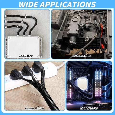 Image showing wide applications of Split Wire Loom Tubing Kit With Five Size Options including industry, automotive, home office, and electronics.
