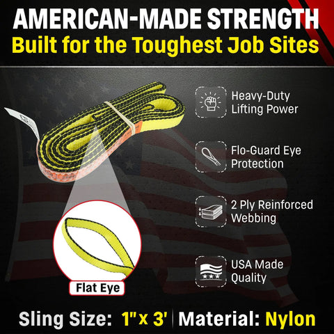 Heavy Duty 1 Inch By 3 Foot Nylon Eye And Eye Rigging Sling Straight Up Built Tough For 3200 Lb Vertical Lifts showing flat eye and two ply webbing.