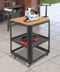 Beefy Mobile Planer Stand With Wheels And 550 Lbs Load Capacity, featuring a height adjustable table and extension rollers in a workshop.