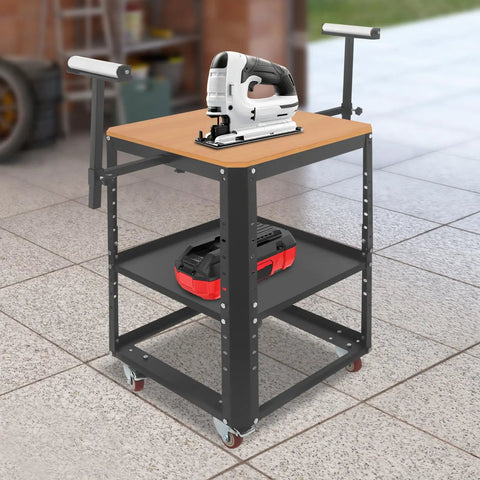 Beefy Mobile Planer Stand With Wheels And 550 Lbs Load Capacity, featuring a height adjustable table and extension rollers in a workshop.