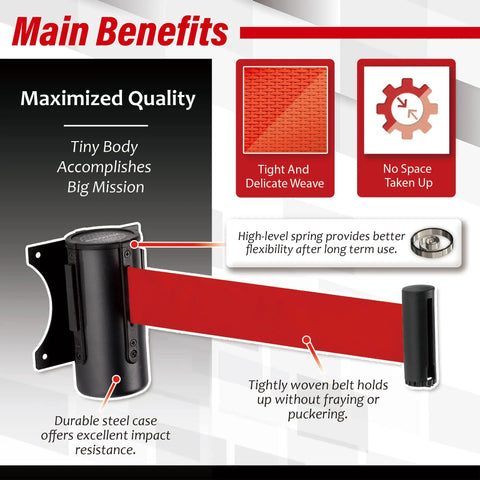 Wall Mount Retractable Belt Barrier With 9.2 Ft Red Belt In Sturdy Black Casing for Indoor and Outdoor Crowd Control benefits
