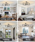 4 Light Black Semi Flush Mount Ceiling Light Fixture With Industrial Farmhouse Vibe in various home settings