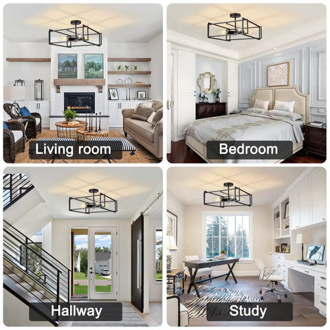 4 Light Black Semi Flush Mount Ceiling Light Fixture With Industrial Farmhouse Vibe in various home settings