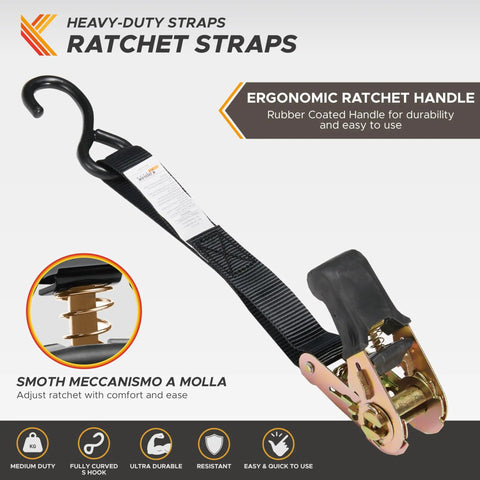 Heavy Duty Ratchet Strap Set 4 Pack 1 Inch Wide By 17 Feet 2200 Lb Break Strength Soft Loops Beefy Coated Deep S Hooks