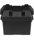 Rock Solid Marine Battery Box For Group 24 Packs Uscg Certified Polyethylene Shell with secure hold down strap, front view.