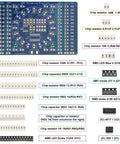 Beginner SMD Soldering Practice Kit With 4 PCB Training Boards showing components and blue PCB with labels and soldering guides.