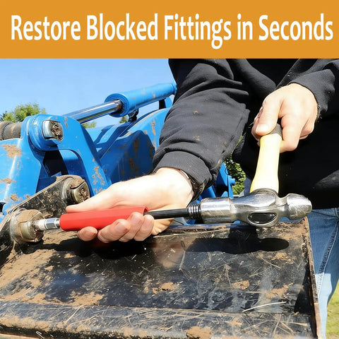 Hands using Grease Fitting Cleaning Tool No More Clogged Zerks Zerk Buster on machinery, universal fit, red handle, outdoor maintenance scene