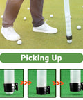 Long Reach Golf Ball Retriever with Shag Tube and Easy Release picking up golf balls on grass, 35.4 inch plastic tool.