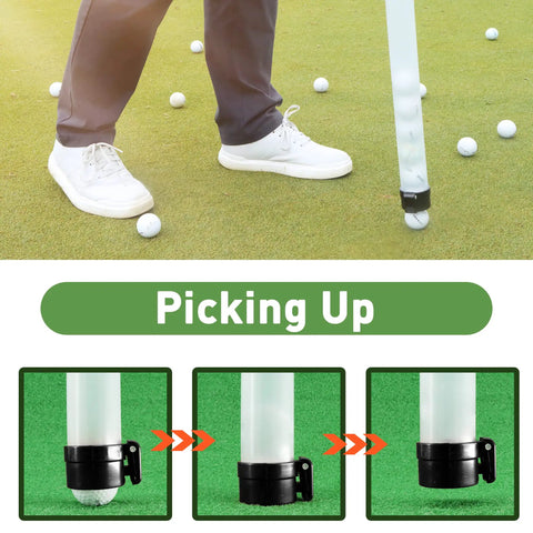 Long Reach Golf Ball Retriever with Shag Tube and Easy Release picking up golf balls on grass, 35.4 inch plastic tool.
