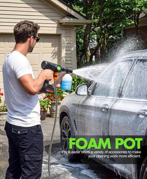 Man using Cordless Car Washing Tool With 6 In 1 Nozzle And Foam Cannon to clean car
