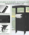 Side view of Weatherproof HIPS Outdoor Kitchen Island with stainless steel top, storage cabinet, wheels, and paper towel holder