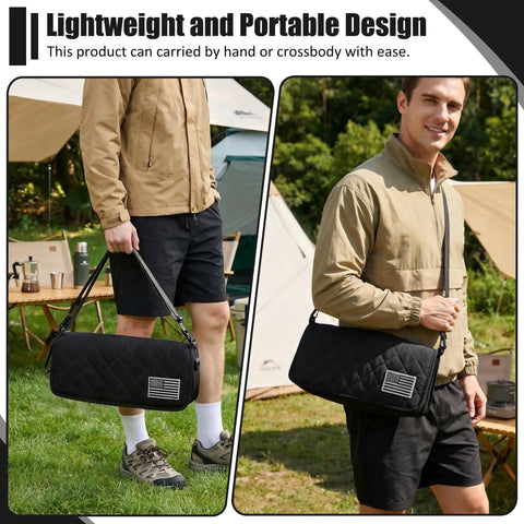 Man carrying Go-To 2-In-1 Foldable Backpack Stool Heavy Duty Portable Seat For Fishing Hiking Picnics And Outdoor Adventures Thickened Collapsible Chair With Crossbody Sling Bag Hands Free Carry Black as a crossbody bag outdoors.