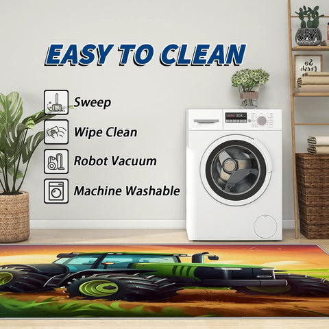 Construction Vehicle Rug 5x6 Foot Non Slip Low Pile Area Rug Machine Washable next to washing machine; easy clean symbols