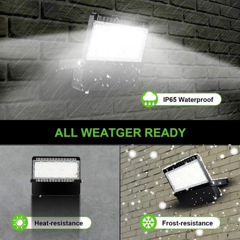 240W Outdoor LED Flood Light Delivers 36,000 Lumens Of True Daylight 5000K, shown in various weather conditions, IP65.
