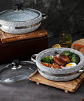 Induction Base Granite Stone Bowl With Glass Lid And Wood Base, filled with food, another with lid on, for Bibimbap and Soups Hot Pot.