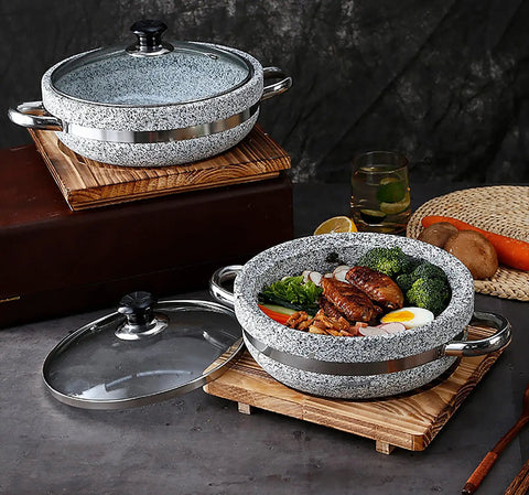 Beefy Stone Bowl With Induction Base And Glass Lid On A Sturdy Wood Tray For Bibimbap Soups And Hot Pot 11 Inch Granite Stoneware Pot