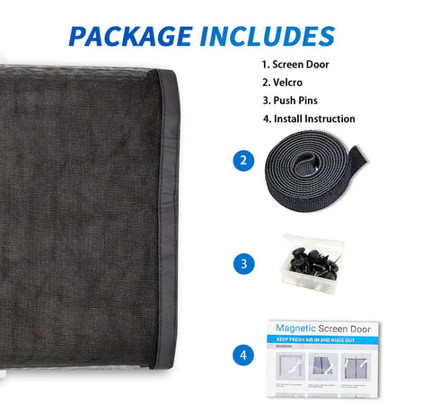 Package contents of Magnetic Garage Door Screen 16x7 Ft With Retractable Fiberglass Mesh No Fuss Setup, including screen door, velcro, push pins, and instructions shown.
