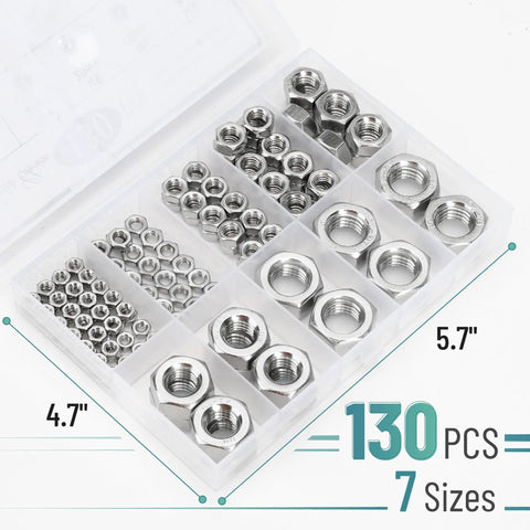 Must Have Pro Grade Stainless Steel Metric Hex Nuts Kit With 130 Pieces In 7 Sizes M3 M4 M5 M6 M8 M10 M12 in storage box