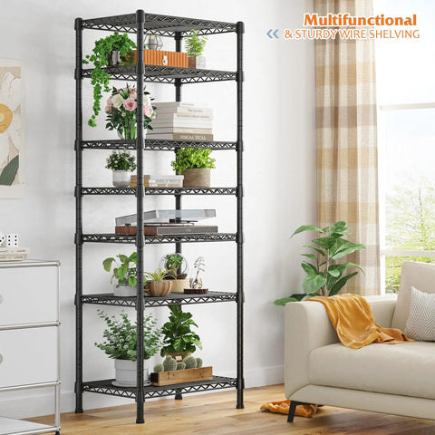 Heavy Duty 7 Tier Metal Shelving Unit Built to Last With 1176 Lbs Total Capacity 71 Inches Tall By 18 Inches Wide By 18 Inches Deep Sturdy Steel Wire Shelves For Garage Kitchen Living Room And Bathroom Storage. Black steel wire shelf in living room