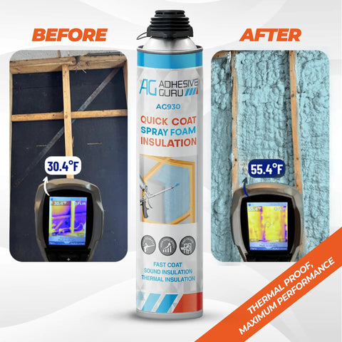 DIY Closed Cell Spray Foam Insulation Kit For Walls With 18 Cans Foam Gun Cleaner Safety Gear And Full Applicator Pack For Sealing Gaps Quick Coat For Faster Sealing Reducing Heat Transfer And Noise Fills Cracks Efficiently shown with before and after thermal images