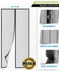 Breezy Magnetic Door Screen With Self Sealing Closure Keeps Bugs Out Lets Fresh Air In Heavy Duty Pet And Kid Friendly, shown with installation features and dimensions.