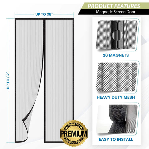 Breezy Magnetic Door Screen With Self Sealing Closure Keeps Bugs Out Lets Fresh Air In Heavy Duty Pet And Kid Friendly, shown with installation features and dimensions.