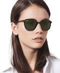 Woman wearing Unisex Leonard Square Sunglasses In Tortoise Frame With G15 Green Lenses Classic 51mm Fit For Everyday Style UV Protection