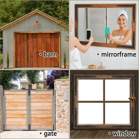 Barn Door Corner Bracket Set 7 Point 7 Inch Matte Black Rustic L Brackets in use on barn, mirror frame, gate, and window