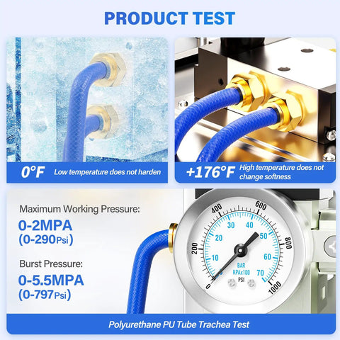 Reinforced Polyurethane Air Tube 8mm OD 10 Meters Blue Oil Resistant Flexible Air Hose in product test showing temperature and pressure performance.